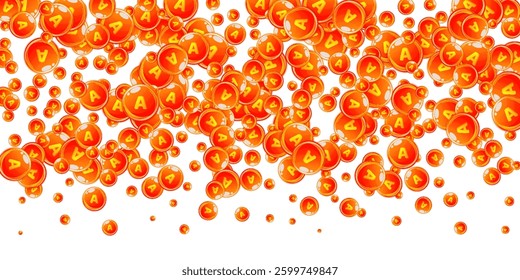 Vitamin A round capsules scattered randomly.  Beauty treatment and nutrition skin care.   Healthy life concept. Essential vitamins vector illustration. 