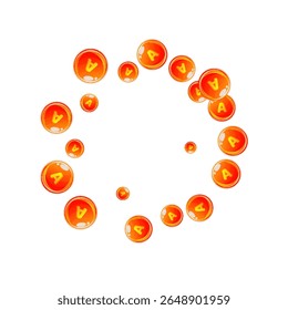 Vitamin A round capsules scattered randomly.  Beauty treatment and nutrition skin care.   Wellness concept. Essential vitamins vector illustration. 