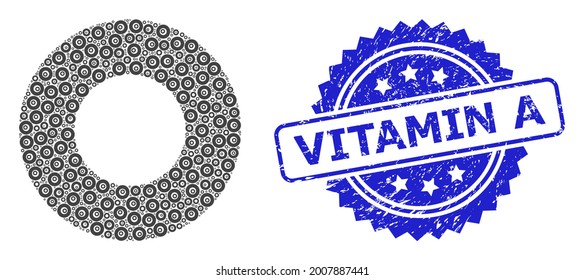 Vitamin A scratched seal print and vector fractal mosaic donut. Blue stamp seal includes Vitamin A title inside rosette. Vector mosaic is organized of random rotated donut icons.