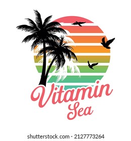 Vitamin Sea abstract lettering,plam tree and sunset gradient abstract,Design element for T-shirt,  Vector illustration. Typography for, poster or clothing design. Vector stock illustration