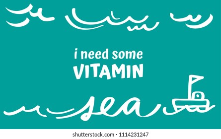 Vitamin sea background. Cloudy and ship. Vector illustration.