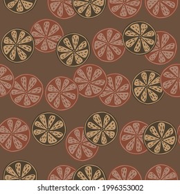 Vitamin seamless pattern with abstract vintage citrus slices shapes. Brown background. Flat fruit backdrop. Stock illustration. Vector design for textile, fabric, giftwrap, wallpapers.