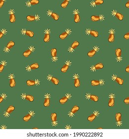 Vitamin seamless pattern with tropical pineapple silhouettes. Green pastel background. Little ornament. Decorative backdrop for fabric design, textile print, wrapping, cover. Vector illustration.