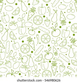 Vitamin Seamless pattern. Vegetables and fruits in a linear Style. Green outline isolated on white background. Healthy vegetarian food. Eco concept. Vector illustration.