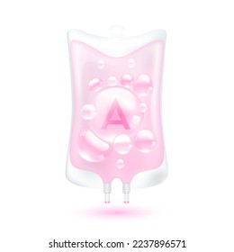 Vitamin A serum bubbles collagen pink inside plastic saline bag. IV drip vitamins minerals beauty skincare intravenous. Medical concept. Isolated realistic on white background 3D vector.