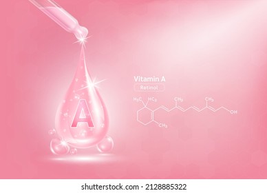 Vitamin A serum liquid gel in dropper and structure. Cream collagen complex with chemical formula from nature skin care vitamins. On pink background 3D realistic vector. Medical scientific concept.