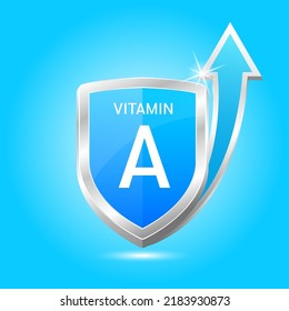 Vitamina Un escudo con átomo naranja, una flecha hacia arriba. Proteger el cuerpo para mantenerse sano, protegerse de los productos químicos que entran en el cuerpo. Para alimentos de productos nutritivos. Conceptos científicos médicos. Ilustración vectorial 3D.