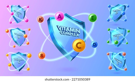 Vitamin shield. Multi-vitamin complex for health protection, label for vitamins A, B, C, D, E and K vector illustration set. Food supplements and chemical antivirus product marketing