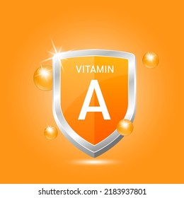 Vitamin A shield with orange atom circle bubbles surround. Protect body stay healthy. Medical scientific concept. For nutrition products food.  Vector illustration 3D. Natural extracts.