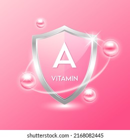 Vitamin A shield with pink atom. Protect the body stay healthy. For nutrition products food. Medical scientific concepts. Vector illustration.