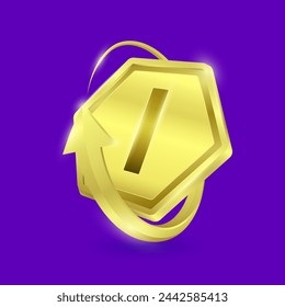 Vitamin I in shine gold hexagon shape surrounded by arrows. Used for design dietary supplement products. Vitamins label symbol 3D on purple background. Isolated vector EPS10 illustration.
