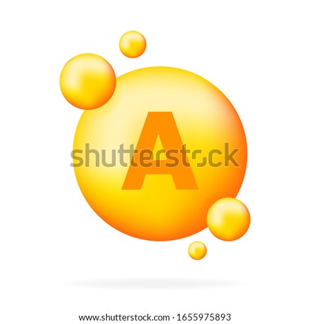 Vitamin A shining pill capcule icon. Shining golden substance drop. Meds ads. Beauty treatment nutrition skin care design. Vector illustration.