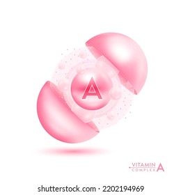 Vitamin A shining pill capsule. Skincare beauty treatment with vitamins complex with cholecalciferol. Pink ball with bubbles isolated on white background. Cosmetic beauty product design vector. 