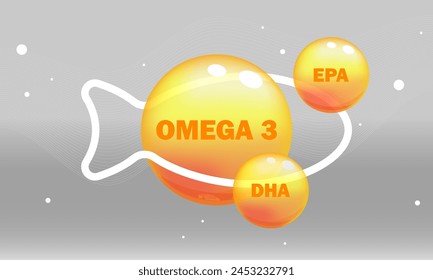 Vitamin sign, symbol. Omega 3 fish oil. Vector illustration. Omega-3 Fatty Acids gold shining pill capsule icon. Vitamin complex with Chemical formula Dietary supplement. Shining golden substance drop