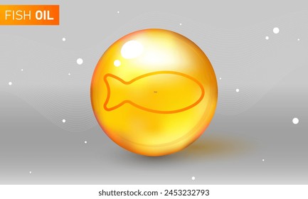 Vitamin sign, symbol. Omega 3 fish oil. Vector illustration. Omega-3 Fatty Acids gold shining pill capsule icon. Vitamin complex with Chemical formula Dietary supplement. Shining golden substance drop