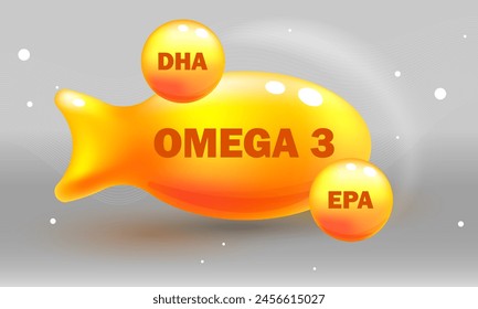 Signo de vitamina, símbolo. Omega 3 aceite de pescado. Ilustración vectorial. Icono de cápsula de la píldora brillante de oro de ácidos grasos Omega-3. Complejo vitamínico con fórmula química Suplemento dietético. Brillante gota de sustancia dorada