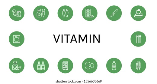 vitamin simple icons set. Contains such icons as Drugs, Medicine, Carrot, Pills, Slice, Apple, Fruits, Potato, Juice, Peas, Asparagus, can be used for web, mobile and logo