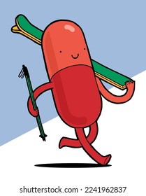 Vitamin Ski. Pill Character carrying skis. Winter sports character isolated vector illustration.