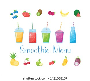 Vitamin smoothie cocktail recipe set vector illustration. Fresh juice shaken energy cocktail in glass, isolated on white background, rainbow colors with fruit collection for vitamin beverage menu