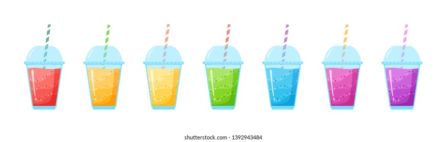 Vitamin smoothie cocktail summer set vector illustration. Fresh juice shaken energy cocktail in glass, rainbow colors collection for vitamin beverage take away or detox diet design promo