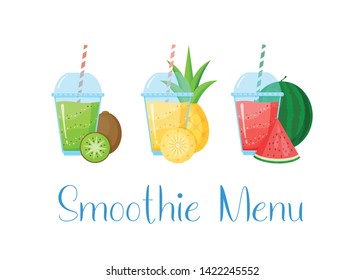 Vitamin smoothie cocktail summer set vector illustration. Fresh juice cocktail in glass, rainbow colors with fruit collection isolated on white background for vitamin beverage design promo