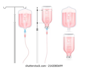 Vitamin A Solution Inside Saline Bag, Bottle And Syringe Hanging On Pole. Isolated On White Background Vector. Serum Collagen Vitamins IV Drip And Minerals Pink For Health. Medical Aesthetic Concept.