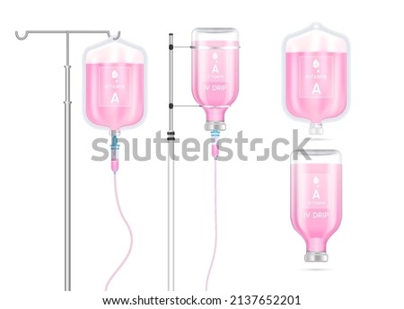 Vitamin A solution inside saline bag, bottle and syringe hanging on pole. Isolated on white background vector. Serum collagen vitamins IV drip and minerals pink for health. Medical aesthetic concept.