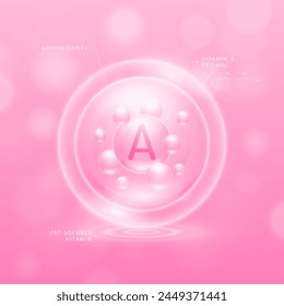 Vitamin A solution pink and chemical structure of retinol. Fat-soluble vitamins. Collagen serum hyaluronic acid moisturizer with antioxidants for brighter skin. Cosmetic beauty nutrition. Vector.