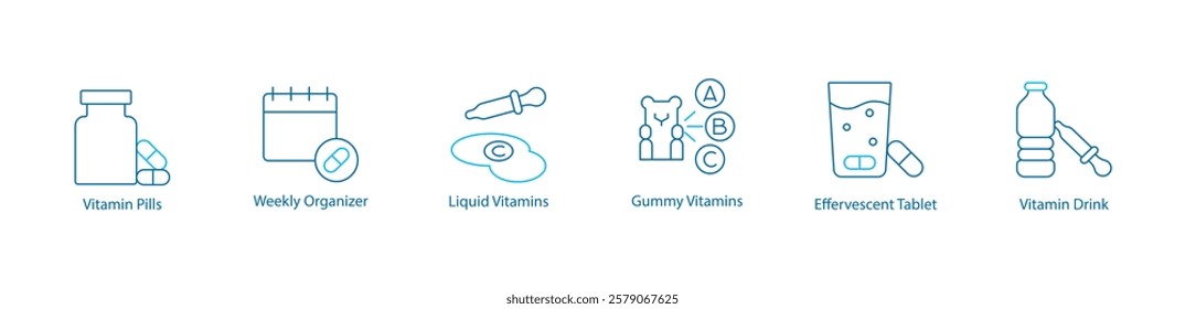 Vitamin Solutions Vector Icon Set – Pills, Weekly Organizer, Liquid  Gummy Vitamins, Effervescent Tablets, Vitamin Drinks