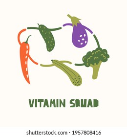 Vitamin squad, funny vector illustration of health nutrition. Dancing vegetables, broccoli, pepper, zucchini, eggplant, cucumber. Matisse inspired design. Veggies positive poster, card, mug decal