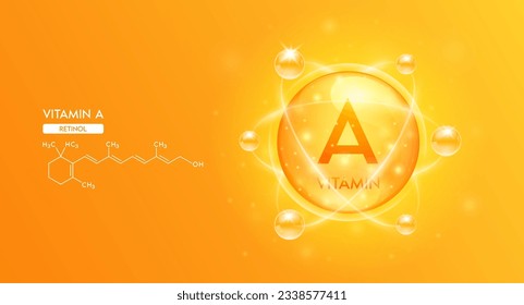 Vitamina A con fórmula química de estructura. Complejo de colágeno de burbujas anaranjado sérico y vitaminas para el diseño cosmético. Conceptos médicos. Tratamiento de belleza nutrición cuidado de la piel. Vector 3D.