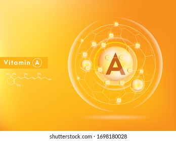 Vitamin A and structure. Medicine capsule, Golden substance. 3D Vitamin complex with chemical formula. Personal care and beauty concept. Vector Illustration