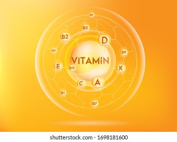 Vitamin and structure. Medicine capsule, Golden substance. 3D Vitamin complex with chemical formula. Personal care and beauty concept. Vector Illustration