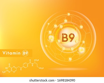 Vitamin and structure. Medicine capsule, Golden substance. 3D Vitamin complex with chemical formula. Personal care and beauty concept. Vector Illustration