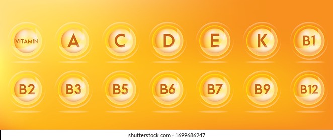 Vitamin and structure. Medicine capsule, Golden substance. 3D Vitamin complex with chemical formula. Personal care and beauty concept. Vector Illustration