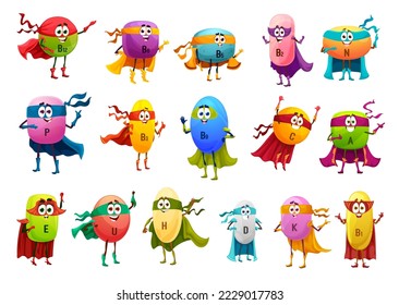 Vitamin superhero characters. Isolated healthy vector multivitamin pill capsules B12 and N, P and B6, B9 or C, A, E, U and H, D, K and B1 personages wear superhero cloak and mask