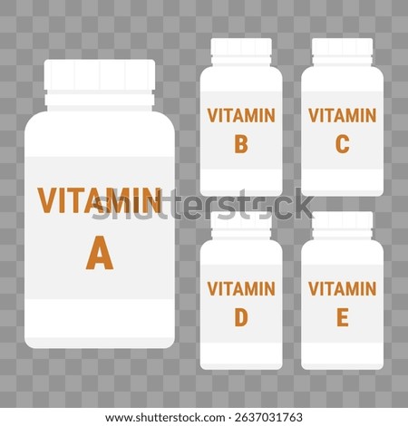 Vitamin supplement bottles labeled with key vitamins. Vector illustration on a checkered background
