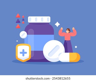 vitamin or supplement concept. intake to increase endurance and immunity. body nutrition. illustration of a man with medicines for body protection. health and medicine. flat style design. elements