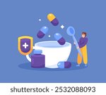 vitamin or supplement concept. taking supplements to boost immunity. illustration of a man holding a spoon with a cup containing capsule medicine. health and medicine. flat style design. elements