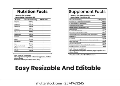 Vitamin and supplement facts, nutrition facts 
