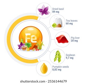 Vitamin supplement with Fe mineral. Iron rich food icons with symbol of Fe, soybeans, basil, liver, spinach and tea. Complex supplements for healthy nutrition concept, vector illustration