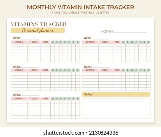 Vitamin and supplement intake tracker template. Minimalistic monthly printable weekly, monthly, daily medication tracking log. Vector horizontal template.