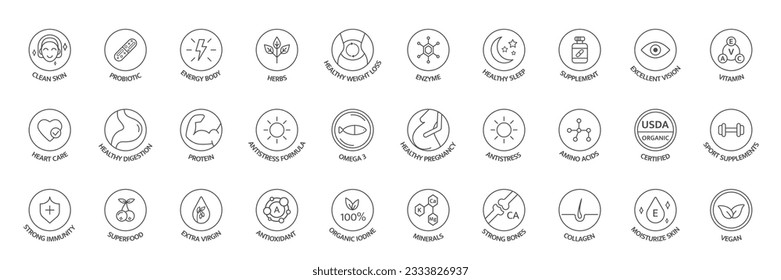 Vitamin and supplement line icon set. Natural probiotic, protein, mineral sign for packaging. Healthy food. Organic, bio, vegan product label. Detox diet badges. Nutrition sign. Vector illustration.