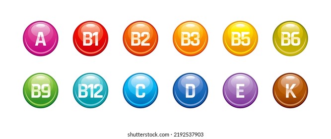 Vitamin supplement pills. Pharmacology multivitamin nutrition set. 3d vitamin tablet concept. Daily digital medicine icons. Capsule with a, b, folate folic acid b9, b12, c, d, e, k. Multi diet complex