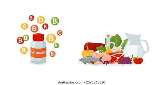 Vitamin Supplement Vs Whole Food, Flat Vector Illustration Isolated On White Background. Comparison Of Dietary Supplements And Food Rich In Essential Vitamins And Minerals. Vegetables, Meat And Milk.