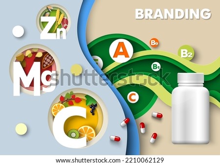 Vitamin and supplements branding design. Vector jar and pills illustration for presentation. Mockup bottle for organic product and dieting pills. Pharmacy packaging template