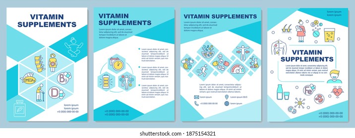 Vitamin supplements brochure template. Probiotic for strengthen bones. Flyer, booklet, leaflet print, cover design with linear icons. Vector layouts for magazines, annual reports, advertising posters