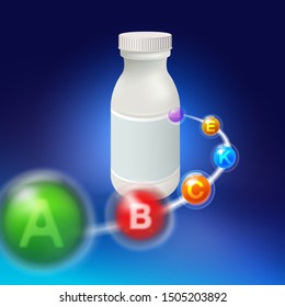 Vitamin tablets ran into a white plastic bottle at shallow depths. 