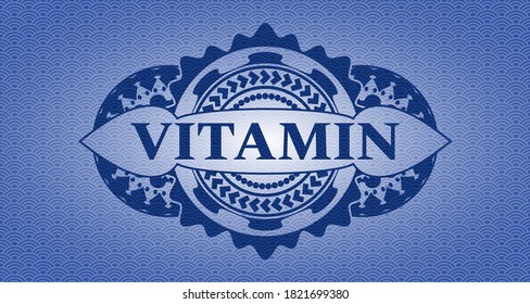 Vitamin text inside blue color japan style pattern realistic emblem. Geometric chic background. Artistic illustration. 