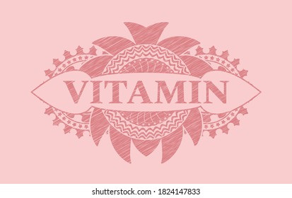 Vitamin text inside Pink stroke realistic badge. Rose color exquisite background. Illustration. 